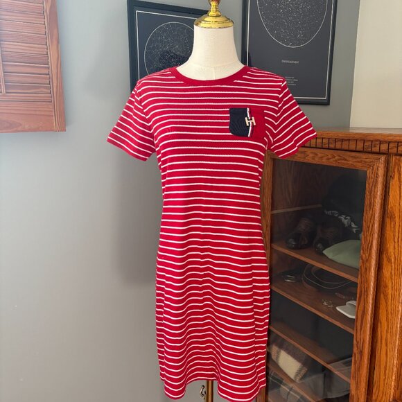 Tommy Hilfiger Red & White Striped Logo T-Shirt Dress - Picture 2 of 5